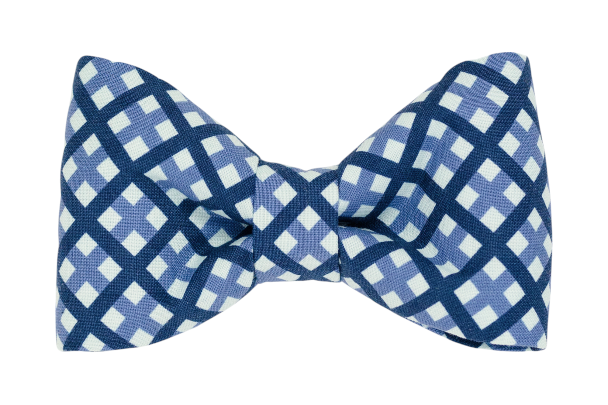 A handmade dog bow tie featuring a classic windowpane plaid pattern in shades of blue.