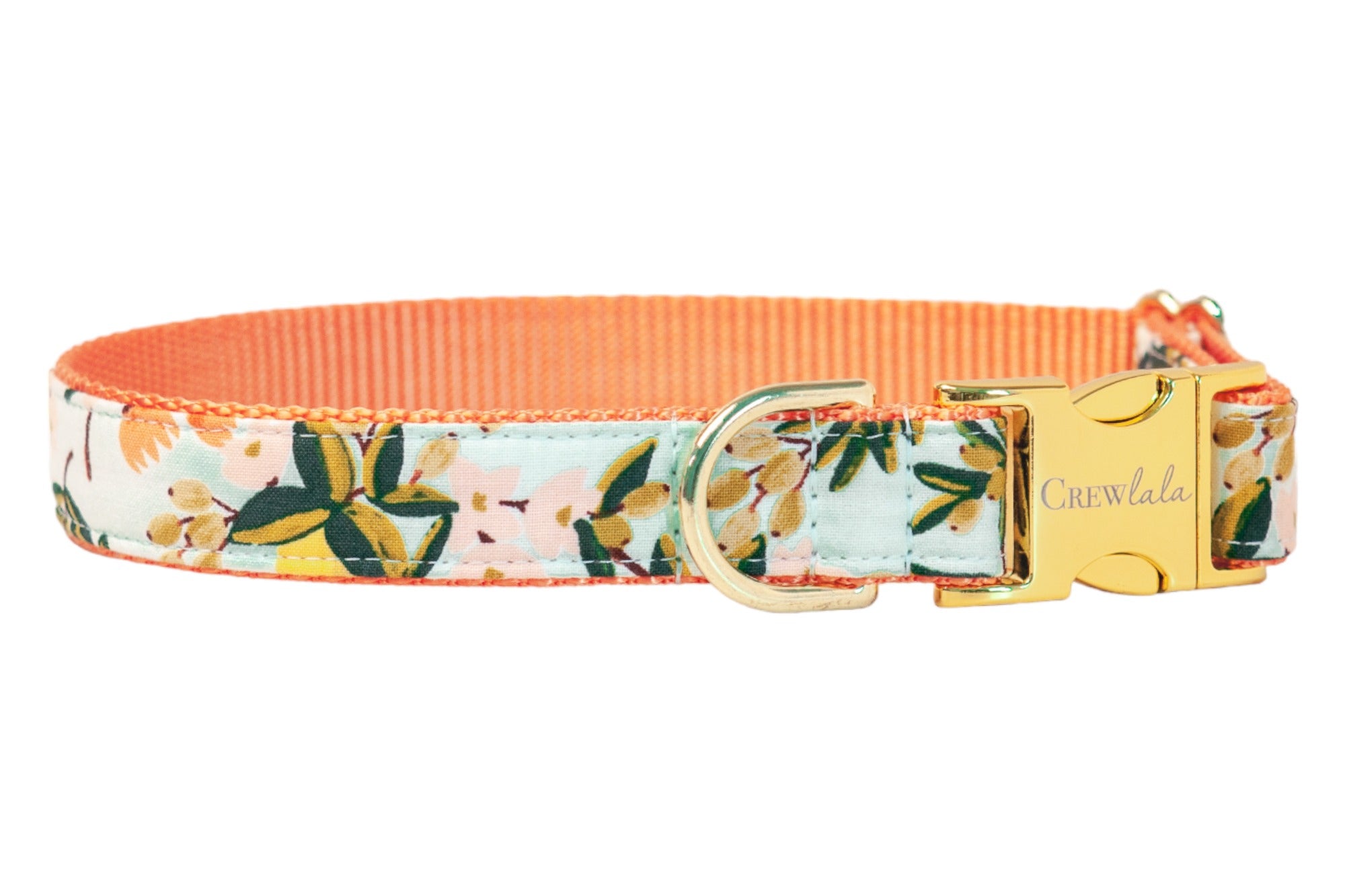 Citrus meets sophistication in this adjustable dog collar, featuring a lively fruit and floral pattern, bold nylon backing, and gleaming metal hardware with engraved branding.