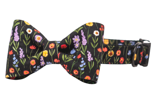 Blooms on Black Bow Tie Dog Collar