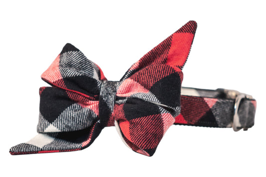 Red, White & Black Buffalo Flannel Plaid Belle Bow Dog Collar - Crew LaLa