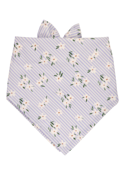 Striped dog bandana in soft blue and white stripes, decorated with scattered floral clusters of white daisies and green foliage.