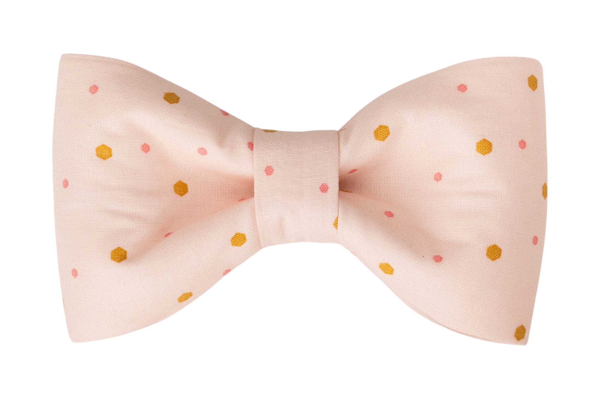 Pastel pink dog bow tie crafted by hand, decorated with a small playful golden-yellow hexagon and smaller rosy pink polka dot pattern. Perfect for any celebration!