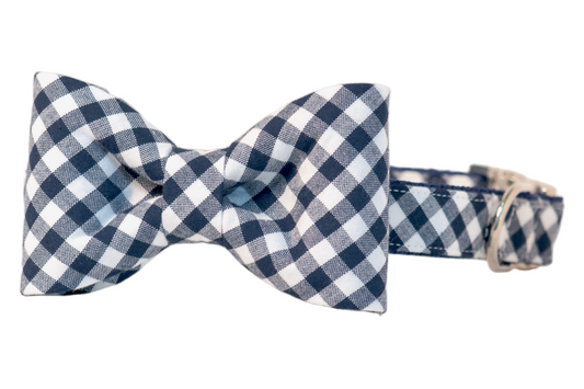 Navy Picnic Plaid Bow Tie Dog Collar - Crew LaLa