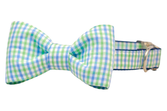 Lime & Blue Island Gingham Bow Tie Dog Collar