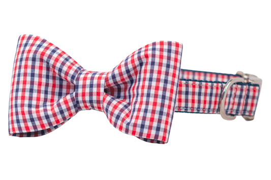 Red, White & Blue Gingham Bow Tie Dog Collar - Crew LaLa