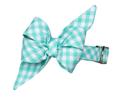 Seafoam Picnic Plaid Belle Bow Dog Collar