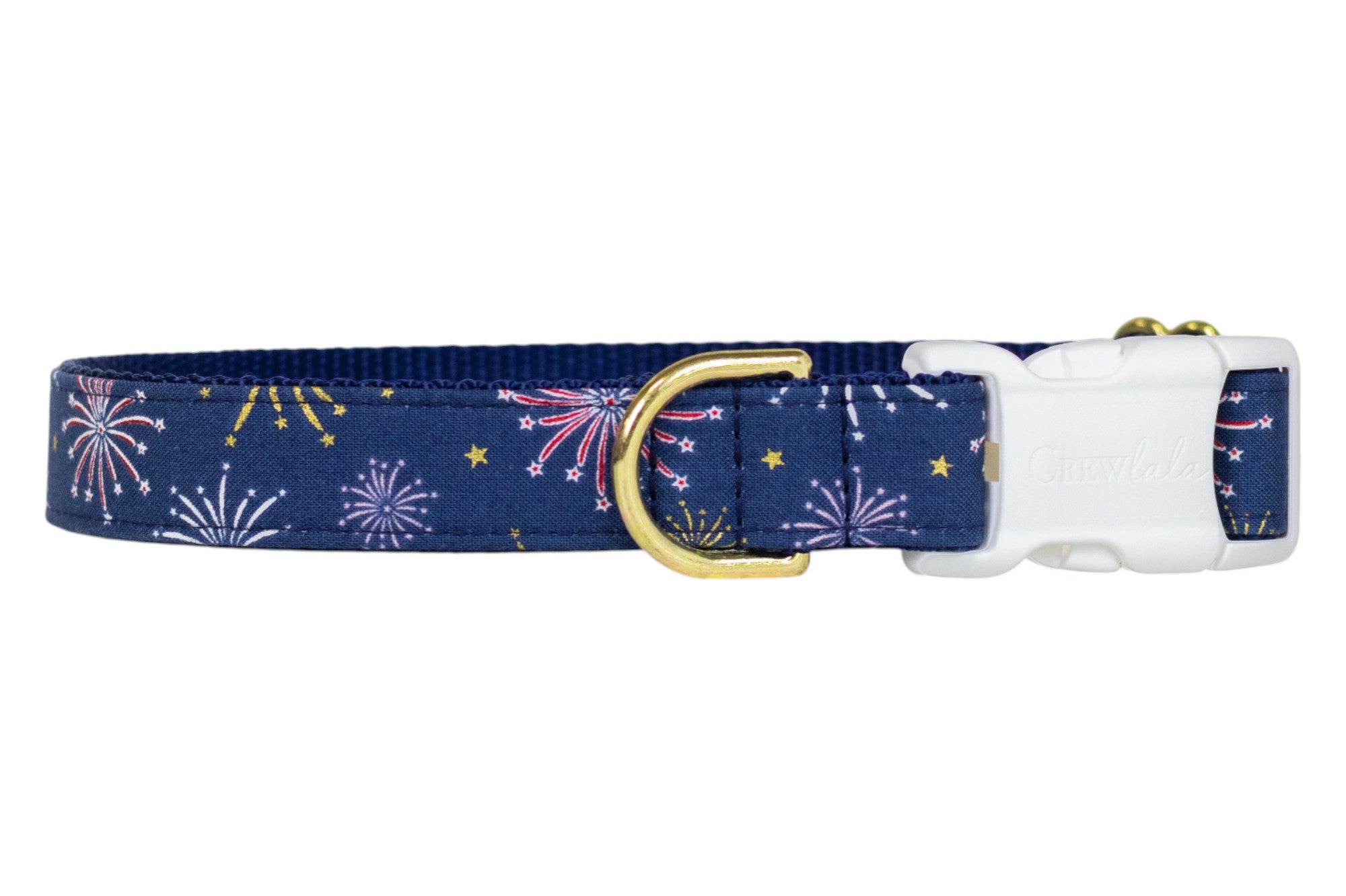 Stylish navy dog collar adorned with colorful fireworks and golden stars, finished with a white buckle and a polished gold D-ring. Perfect for July 4th or everyday!