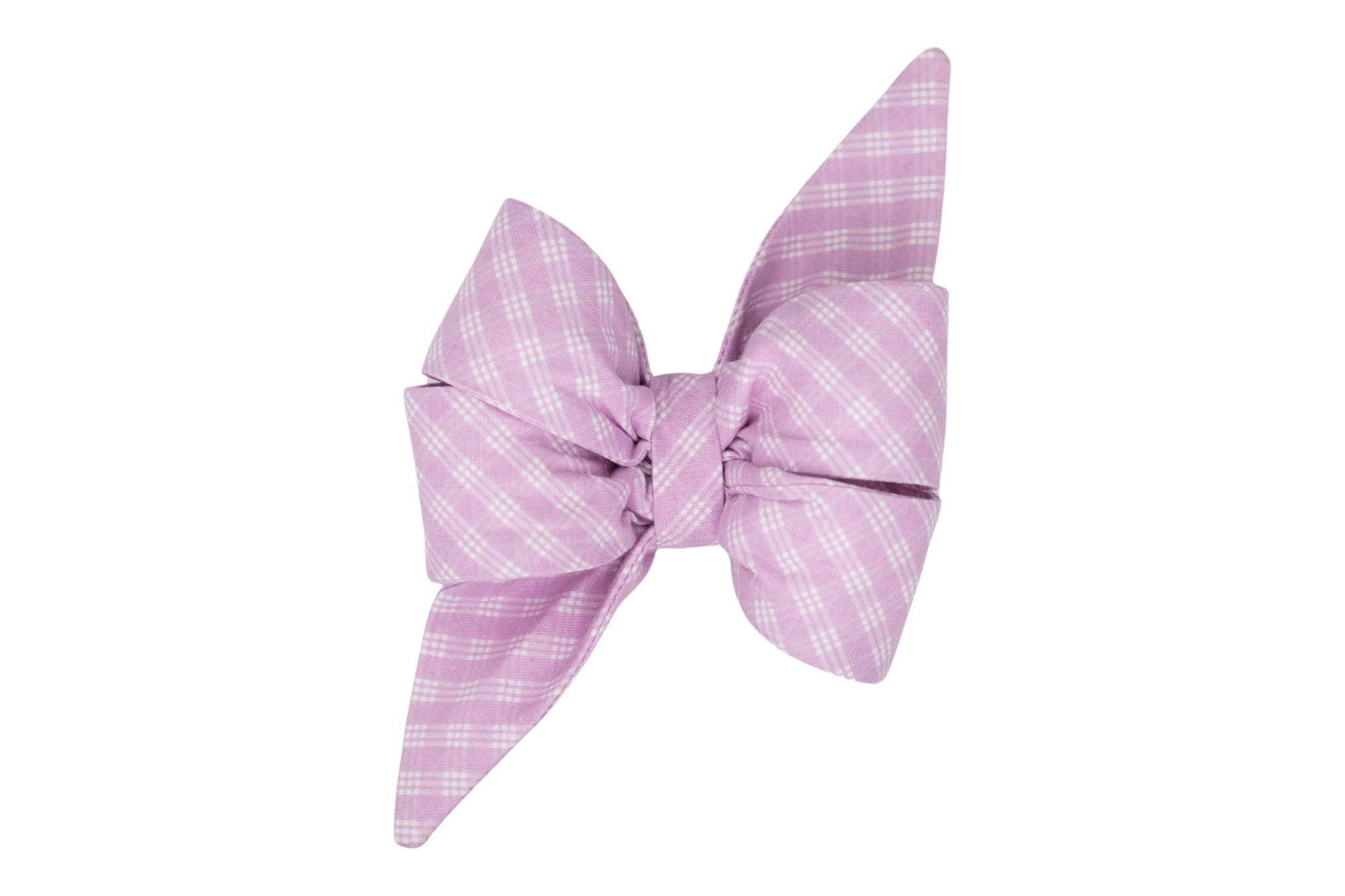 Handmade girl dog bow tie in a soft purple color with a subtle white plaid pattern, giving it a classic and polished look.