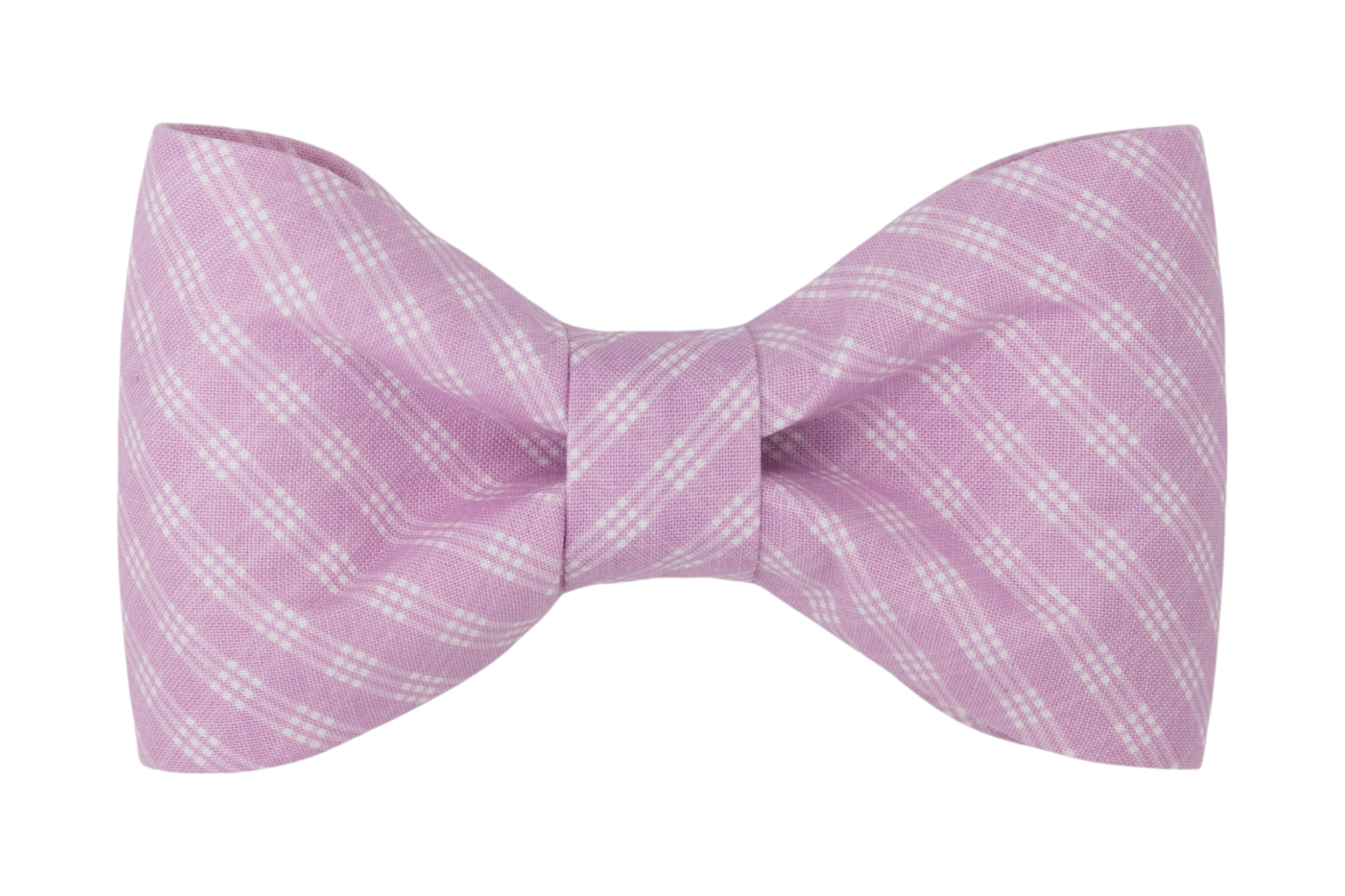 Handmade dog bow tie in a soft purple color with a subtle white plaid pattern, giving it a classic and polished look.