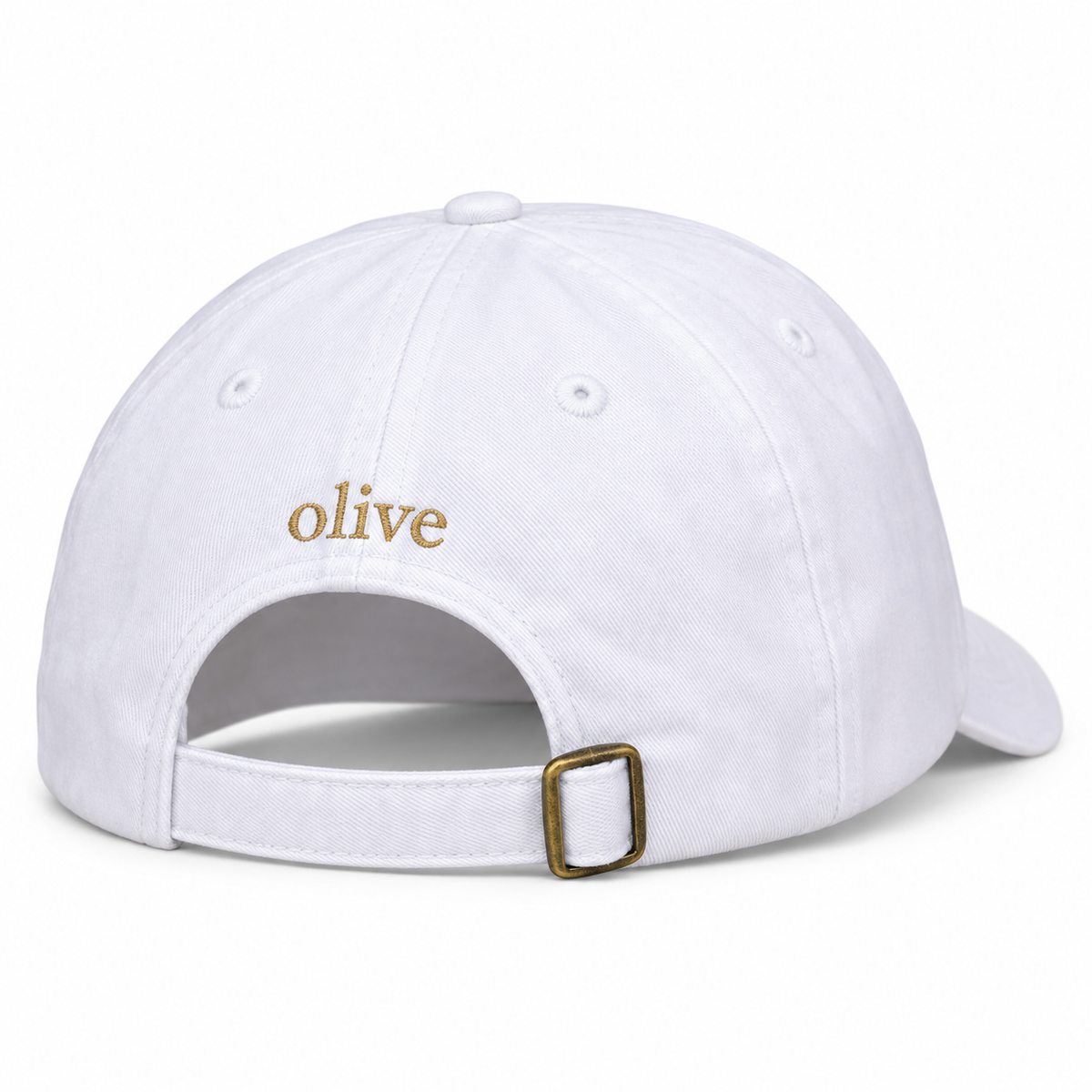 White Golden Girl Hat — back view with personalized “olive” embroidery