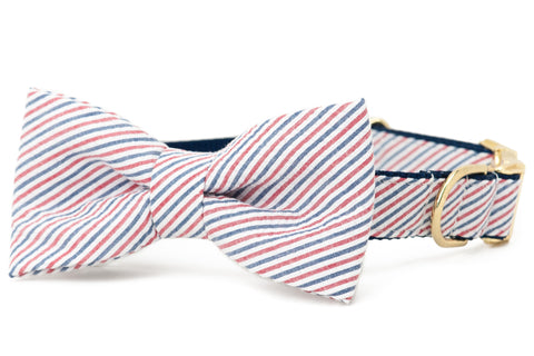 Crew LaLa Americana Red & Blue Seersucker Bow Tie Dog Collar