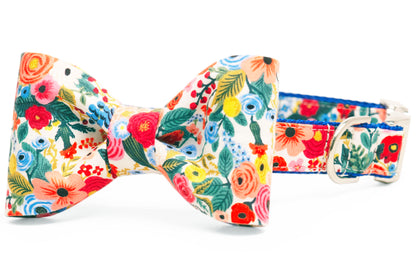 Close-up of a chic dog collar with an attached bow tie, covered in a detailed floral print with red, yellow, blue, orange, and pink flowers. The collar includes a silver D-ring and inner blue webbing.
