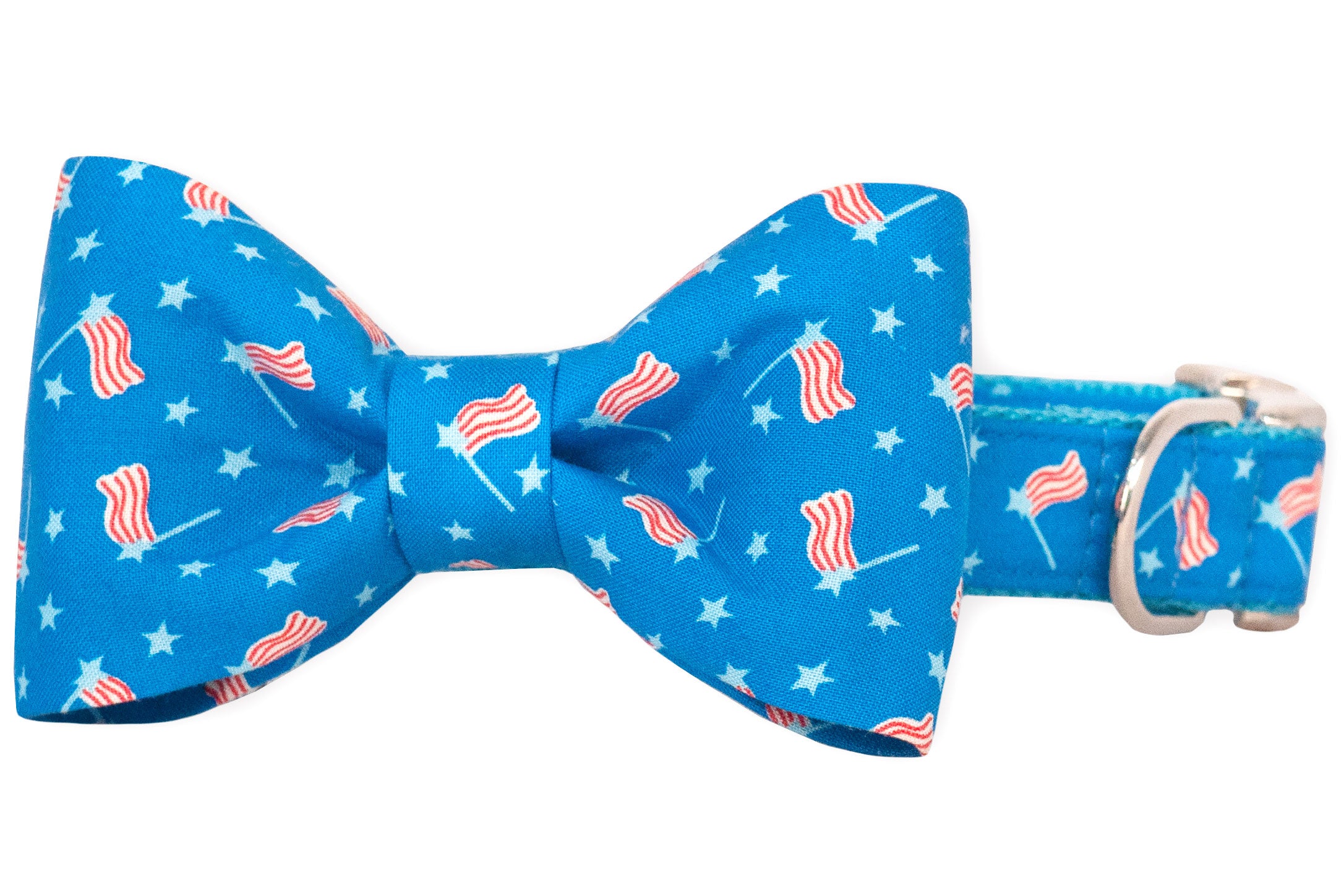 Blue dog collar with an attached matching bow tie, featuring a lively pattern of American flags and white stars. The bow tie is securely fastened at the front, creating a charming and festive look for patriotic occasions.