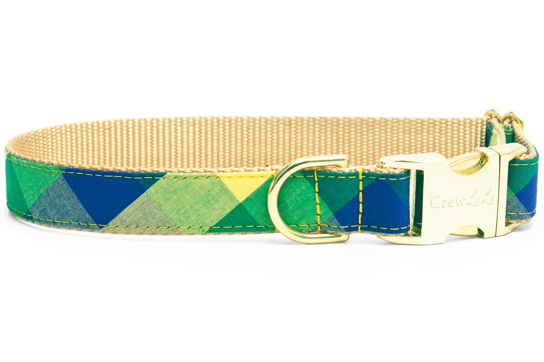 Festive dog collar featuring bold Mardi Gras plaid in classic colors — complete with a sleek buckle engraved with “Crew LaLa.” Perfect for pups ready to parade in style, catch beads, or simply bring the party to the dog park.
