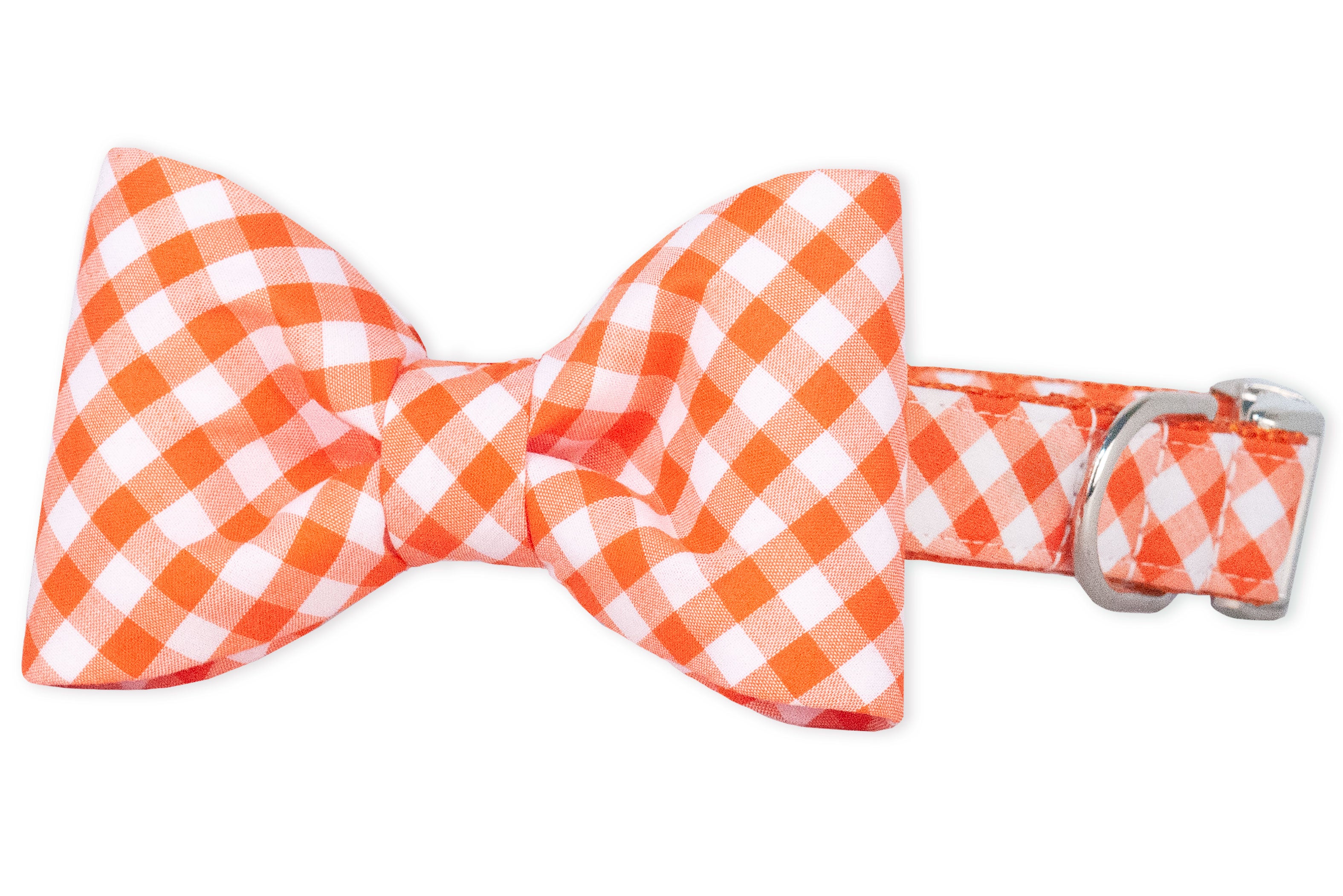 Cheerful orange plaid dog collar with a matching snappy bow tie, perfect for pups who love to dress to impress. The crisp white and bright orange check print pops against the collar, while the silver hardware keeps it classy.