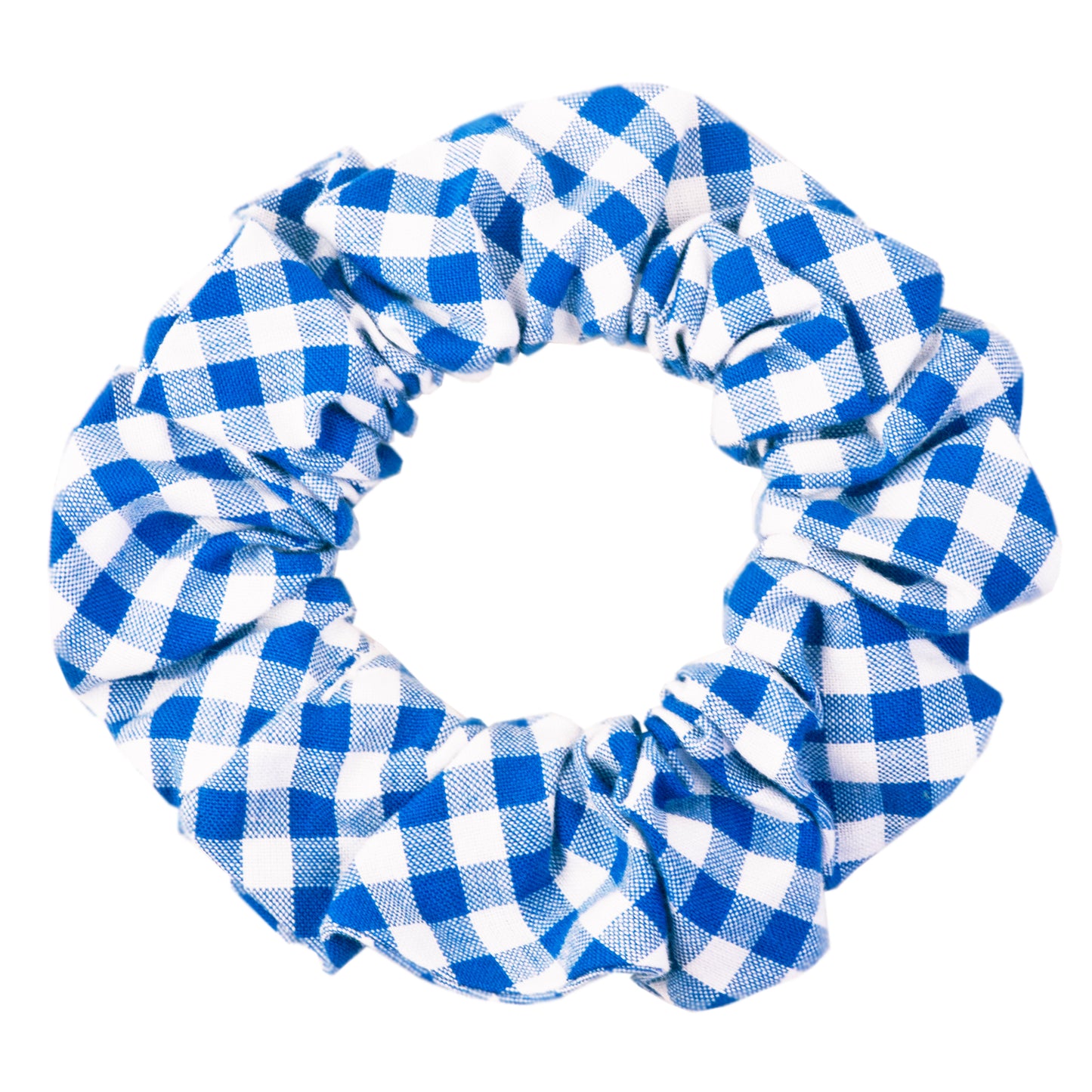 A blue and white picnic plaid hair scrunchie for humans, made from soft, gathered fabric with a checkered pattern. The elastic interior creates a ruffled circular shape, ideal for securing ponytails or buns with a casual, classic touch.
