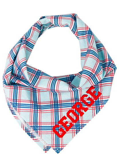 A light blue pet bandana with a red and navy plaid pattern and the name "GEORGE" embroidered in bold red letters across the front. The bandana is folded in a triangle shape with the knot positioned at the top.