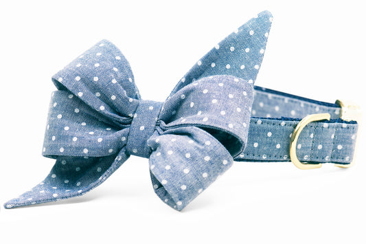 Tiny Dots on Chambray Canvas Belle Bow Dog Collar - Crew LaLa