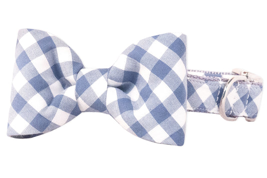 Slate Blue Check Bow Tie Dog Collar - Crew LaLa