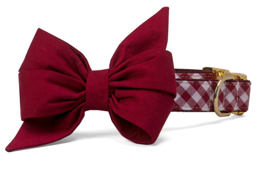 Alabama Crimson on Crimson Check Belle Bow Dog Collar - Crew LaLa