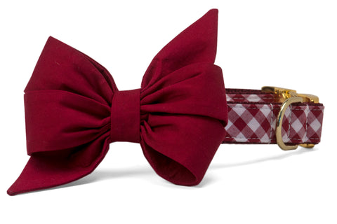 Alabama Crimson on Crimson Check Belle Bow Dog Collar - Crew LaLa