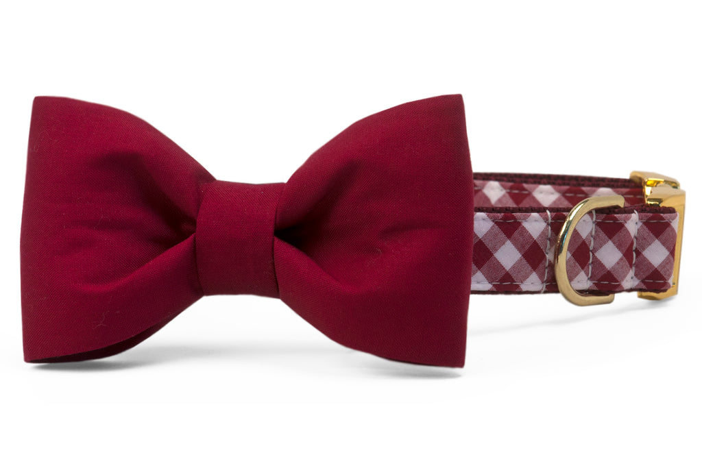 Alabama Crimson on Crimson Check Bow Tie Dog Collar - Crew LaLa