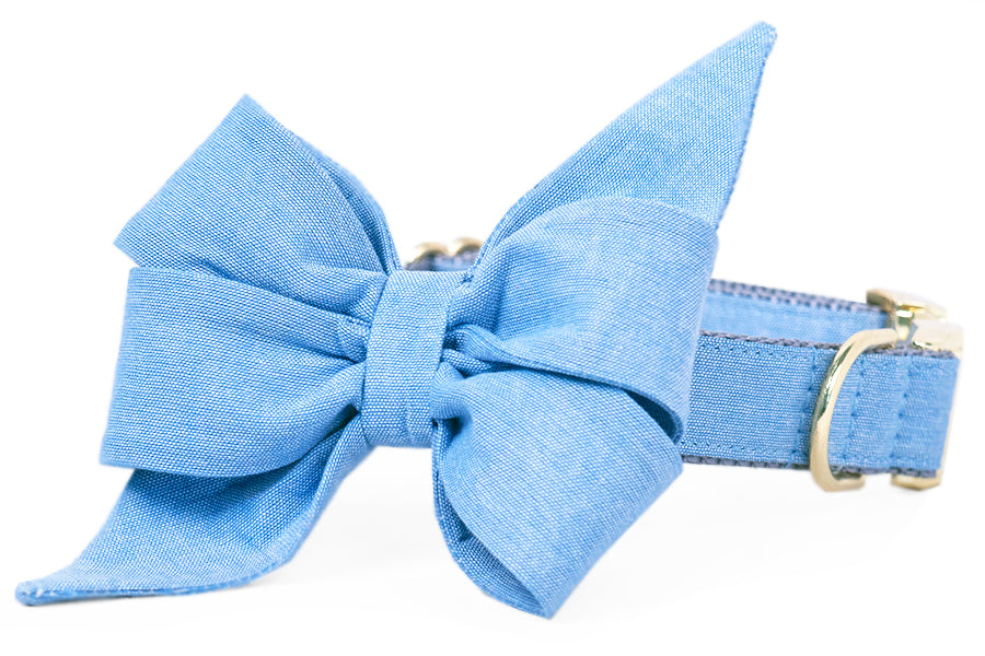 Indigo Linen Belle Bow Dog Collar - Crew LaLa