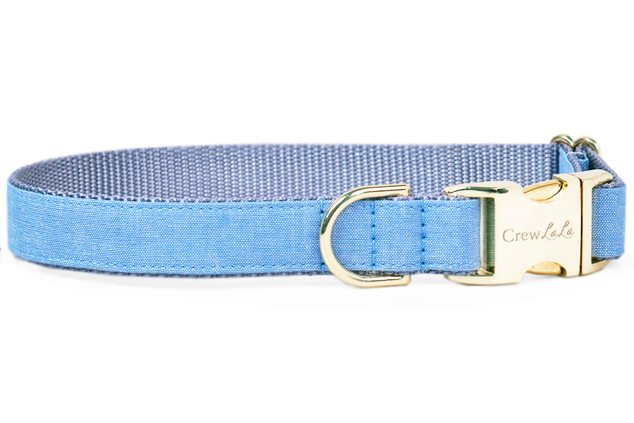 Indigo Linen Belle Bow Dog Collar - Crew LaLa