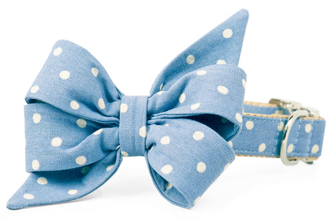 Ivory Dot on Dusty Blue Belle Bow Dog Collar - Crew LaLa