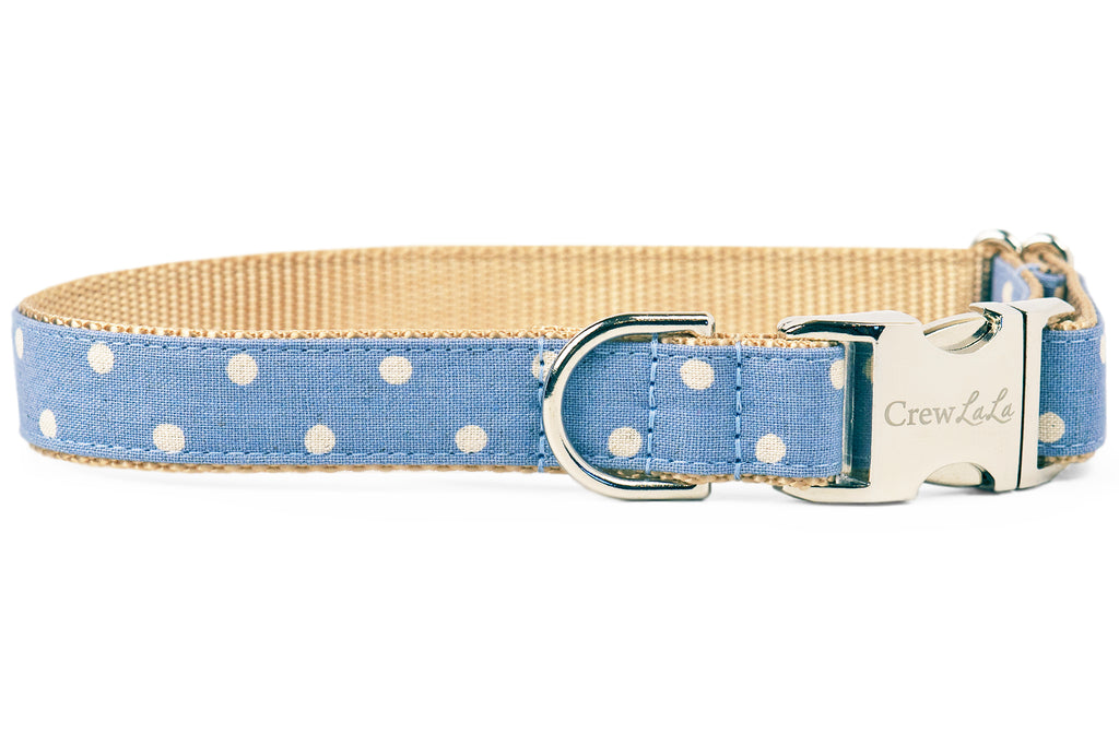 Ivory Dot on Dusty Blue Canvas Dog Collar - Crew LaLa