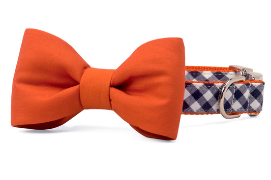 Auburn Burnt Orange on Navy Check Bow Tie Dog Collar - Crew LaLa