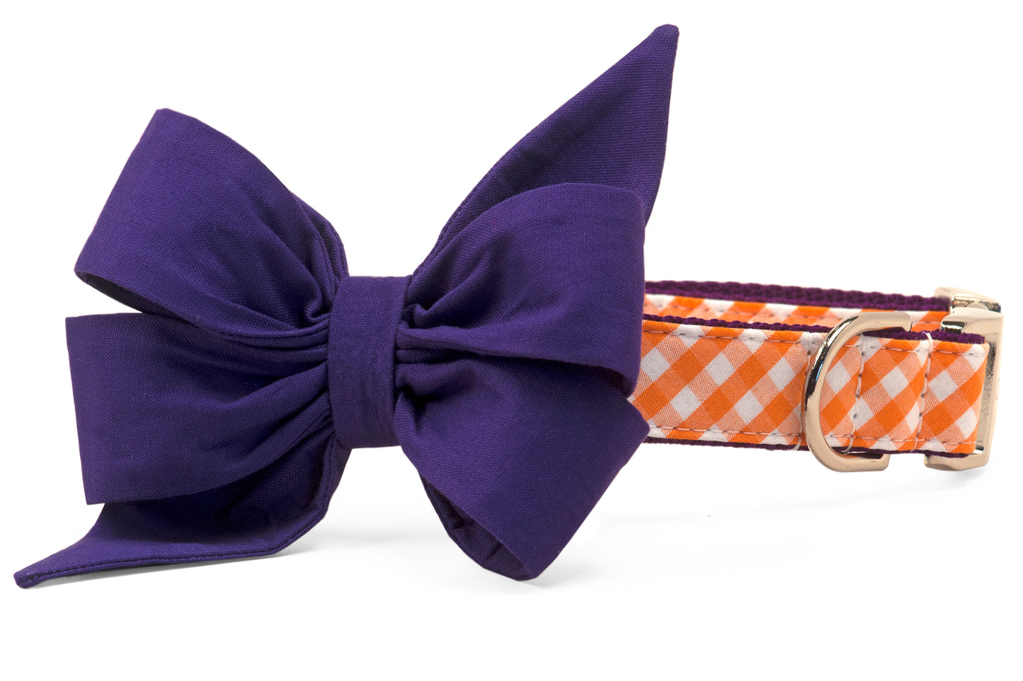 Clemson Purple on Orange Check Belle Bow Dog Collar - Crew LaLa