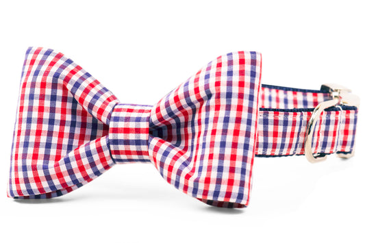 Red, White & Blue Gingham Bow Tie Dog Collar - Crew LaLa