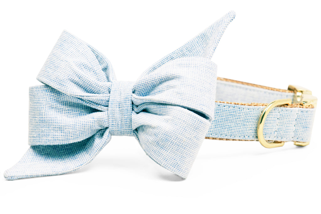 Sky Blue Linen Belle Bow™ Dog Collar - Crew LaLa